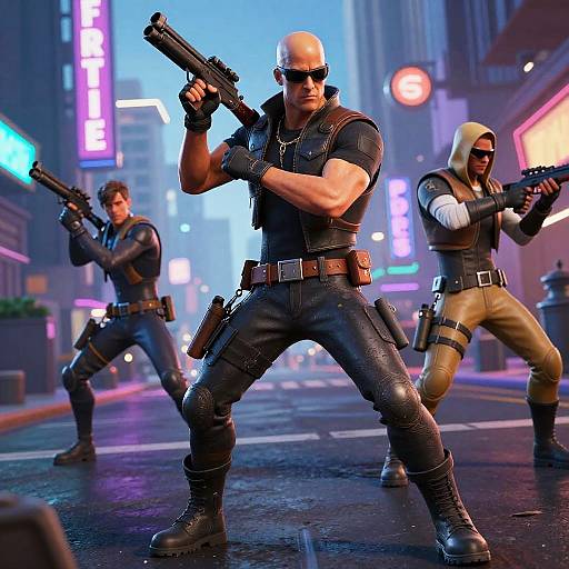Photorealistic CGI of three muscular, armed men in tactical gear, standing in a neon-lit, rainy city street, ready to fire.