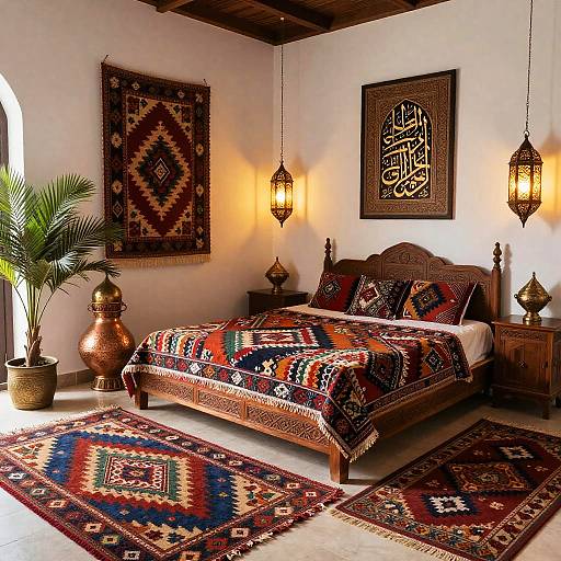 Photograph of a Moroccan-style bedroom with a patterned bedspread, colorful rugs, wooden furniture, lanterns, Arabic calligraphy, and traditional tape