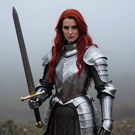 Photorealistic digital image of a fierce red-haired woman in silver armor, holding a black sword with a gold hilt, standing against a misty