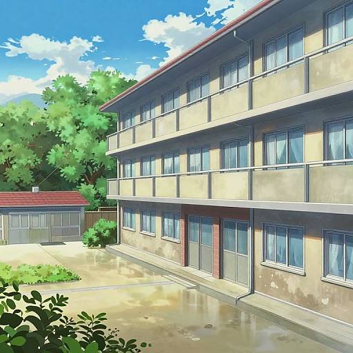 Digital anime-style drawing of a sunlit, three-story building with balconies, surrounded by green trees and a clear blue sky. Puddles on