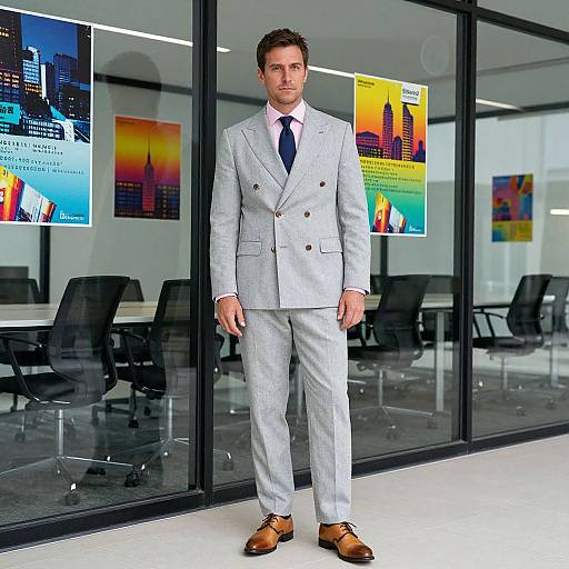 Photograph of a handsome man in a light gray double-breasted suit, white shirt, navy tie, and brown shoes, standing in a modern office