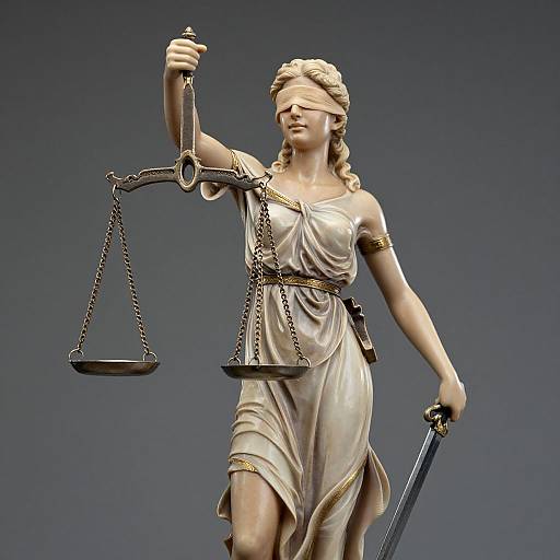 Photograph of a classical marble statue of a blindfolded woman holding a balanced scales in her right hand and a sword in her left. She wears