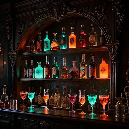 Photograph of a dimly lit, ornate wooden bar shelf with colorful glowing liquor bottles and crystal glasses, showcasing vibrant hues of blue, green,