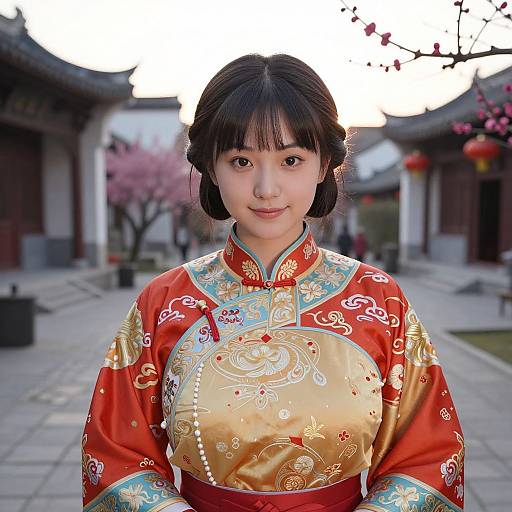 Woman in Vibrant Qipao at Sunrise