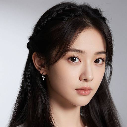Photograph of an East Asian woman with fair skin, long black hair in a braid, wearing silver earrings, against a light gray background. She