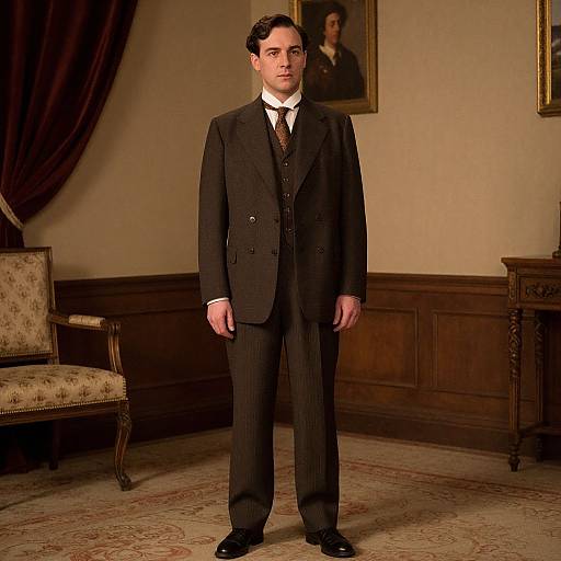 Photograph of a young man in a black Victorian-style suit standing in a dimly lit, elegant room with wooden paneling and vintage furniture.