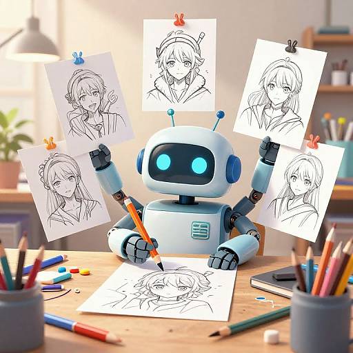 Photograph of a glowing blue-eyed robot drawing anime-style portraits with colorful pencils and paper on a wooden desk.