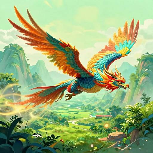 Colorful, mythical phoenix with vibrant orange, red, and blue feathers soaring over a lush, sunlit jungle valley with towering cliffs and sparkling light.