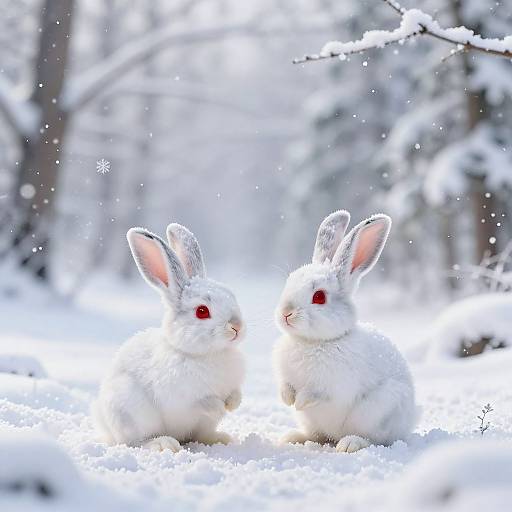 Photograph of two white rabbits with red eyes sitting in a snowy forest, their ears and fur dusted with snow. Snowflakes gently fall in