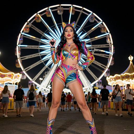 Photograph of a confident woman in a colorful, glittery cat costume with matching boots, standing in front of a brightly lit Ferris wheel at a