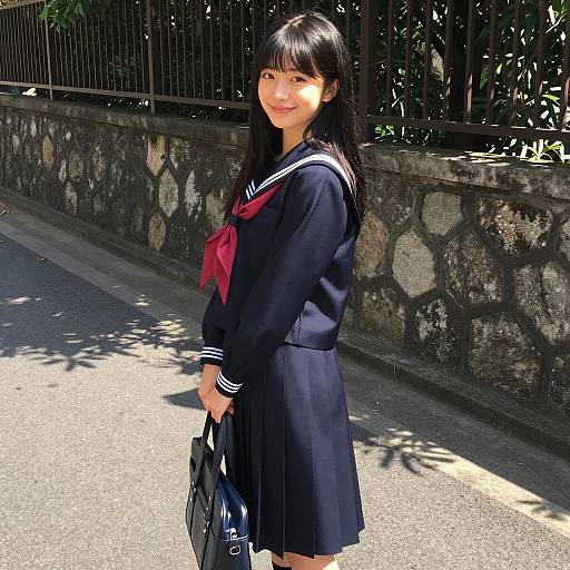 Asian Schoolgirl in Japanese Uniform on Sunlit Street
