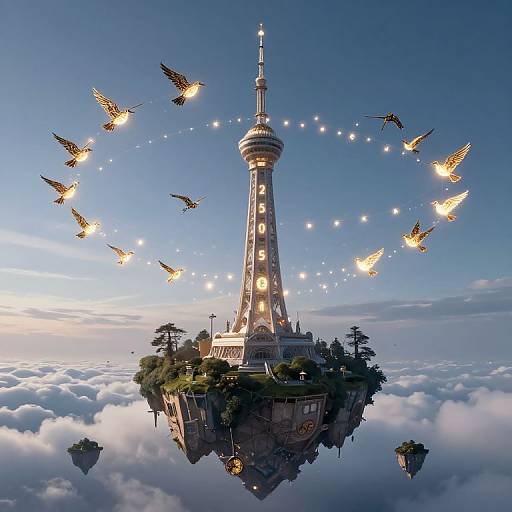 Glowing Clockwork Birds Above Floating Island