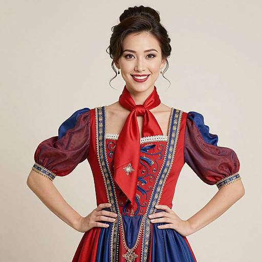 Photograph of a smiling Asian woman with fair skin, dark hair in an updo, wearing a red and blue embroidered medieval-style dress with puffed