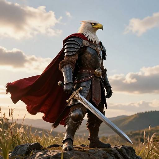 Photograph of a fierce, armored bald eagle warrior with a red cape, yellow beak, holding a sword, standing on a rock at sunset in