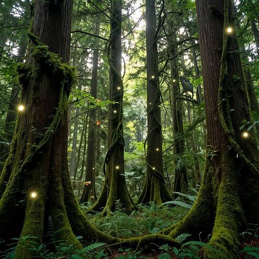 Photograph of a dense, mystical forest with towering redwood trees, covered in moss, and illuminated by glowing fireflies amidst green foliage.