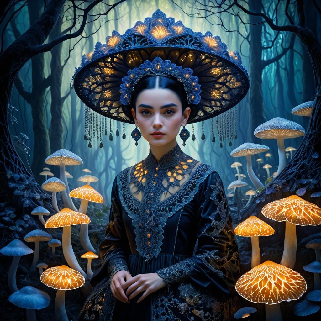 Surreal Creature Beneath Glowing Mushrooms