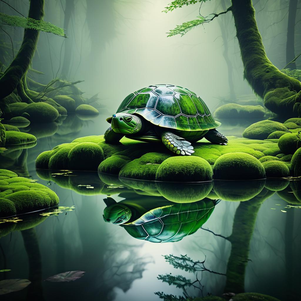 Mystical Giant Stone Turtle in Forest Pond