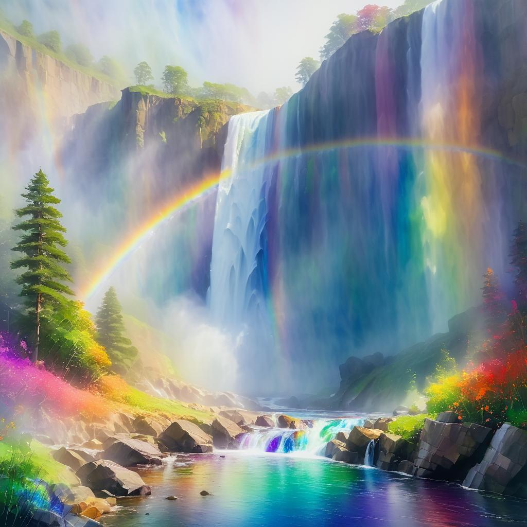 Impressionistic Waterfall with Vibrant Rainbows