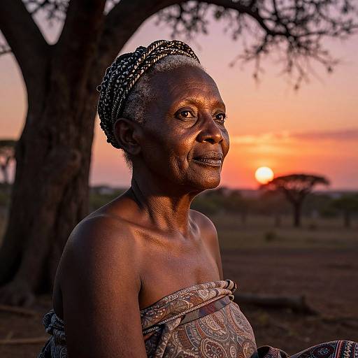 Photograph of an African woman with dark skin, patterned headwrap, and paisley dress, gazing at a vibrant sunset in a savanna