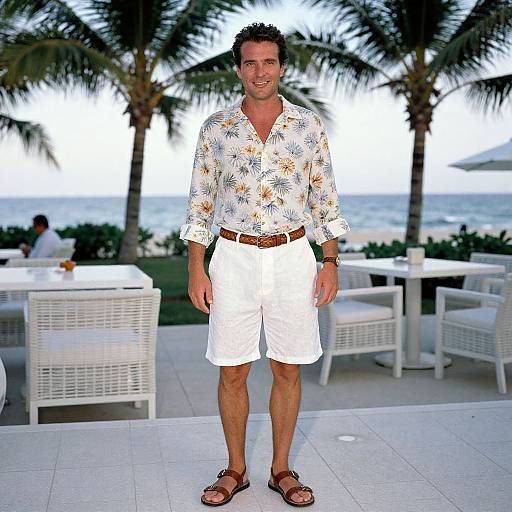 Photograph of a smiling man with short dark hair, wearing a white floral shirt, white shorts, brown belt, and brown sandals, standing on a