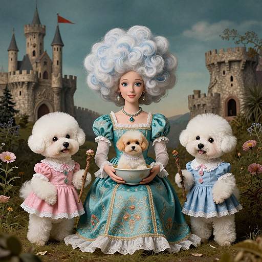 Digital artwork: Elegant woman with large white curly hair in turquoise dress, holding teacup with puppy, flanked by two poodle 