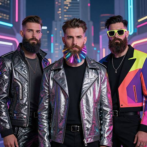 Photograph of three bearded men in neon cityscape, wearing metallic jackets; central man with colorful mustache, others in black and bold yellow jacket
