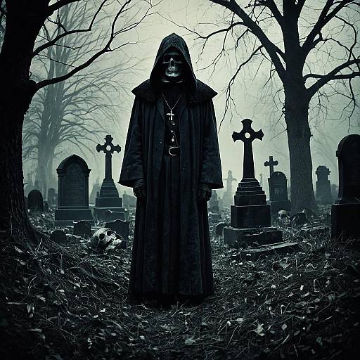 Spectral Gravedigger in Foggy Cemetery