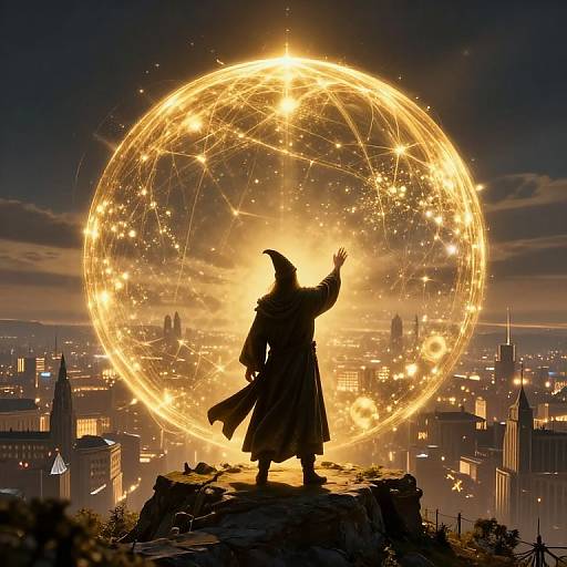 Digital artwork of a silhouetted wizard with a pointed hat, standing on a rooftop, casting a glowing, star-filled magical sphere over a city