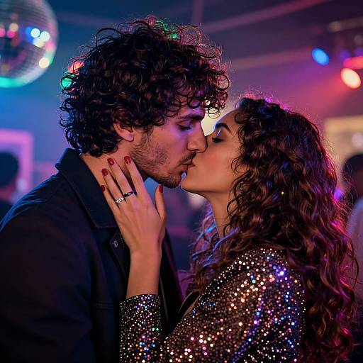 Photograph of a curly-haired man and a curly-haired woman kissing in a vibrant, colorful nightclub with a glittery sequin dress.