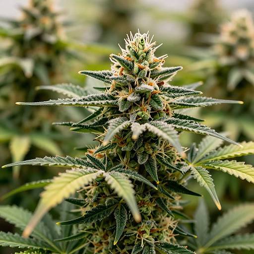 Close-up photograph of a cannabis plant with spiky, green leaves and yellowing edges, set against a blurred, sunlit background.