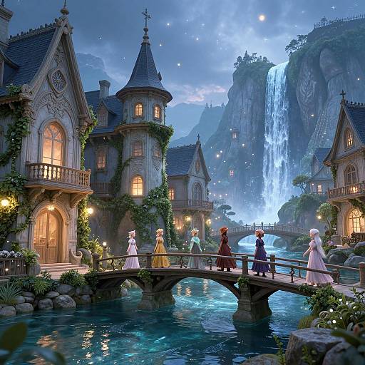 Fantastical, fairy-tale village at night with illuminated, Gothic-style houses, a flowing river, bridge, five characters in vintage dresses, and