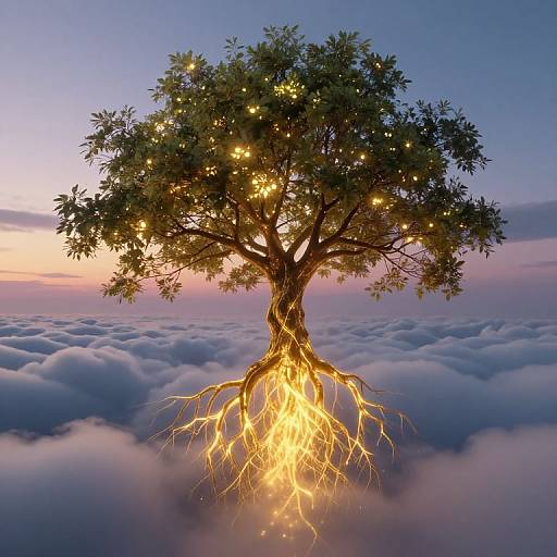 Photorealistic digital artwork of a glowing, root-lit tree emerging from fluffy clouds at sunset, with twinkling lights in its branches.
