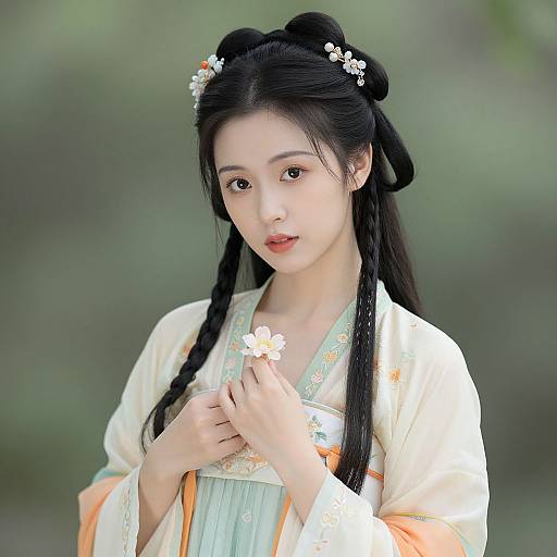 Photograph of an East Asian woman with black hair in braids, wearing a white floral kimono, holding a flower, against a blurred green background