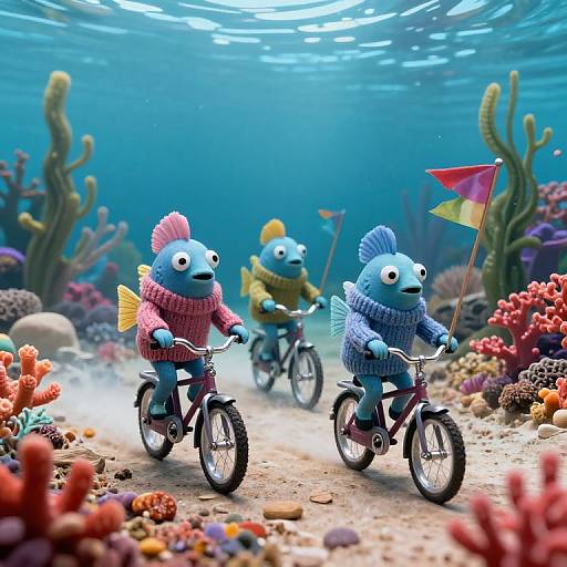 Photograph of three blue fish-shaped toys in knitted sweaters riding bicycles underwater, surrounded by colorful coral and sea anemones, with sunlight filtering