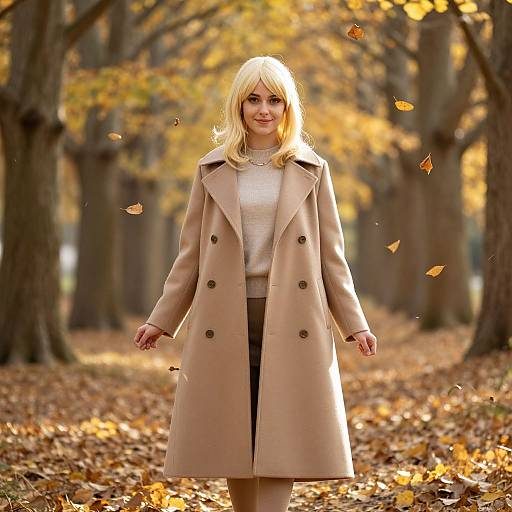 Photograph of a blonde woman in a beige coat, white sweater, and brown pants walking through a leafy autumn forest with falling yellow leaves.