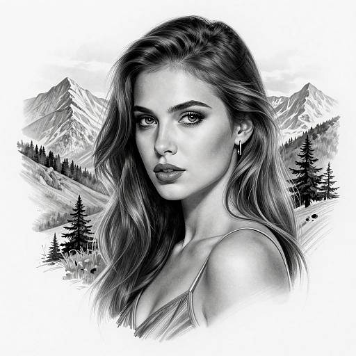 Black-and-white digital portrait of a beautiful woman with long hair, piercing eyes, and subtle makeup, set against a mountain and forest background. Realistic