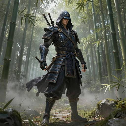 Cyberpunk Samurai in Misty Bamboo Forest