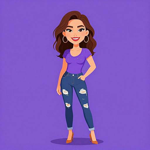 Digital illustration of a smiling brunette woman with wavy hair, wearing a purple top, ripped blue jeans, and orange heels, standing against a solid purple