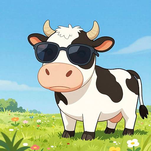 Cool Cow in Sunny Cartoon Field