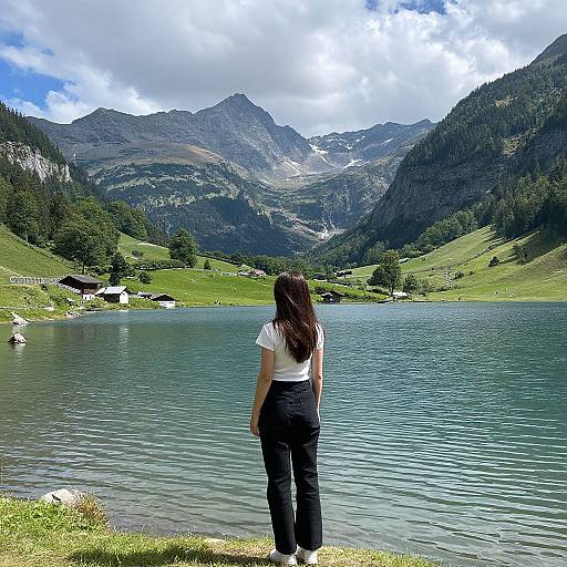 Photograph of a woman with long dark hair, white blouse, and black pants, standing by a serene mountain lake, facing rugged, green mountains and