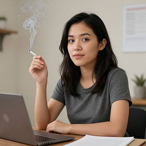 Photograph of an Asian woman with long black hair, wearing a grey t-shirt, smoking a cigarette while working on a laptop. Background includes a blurred