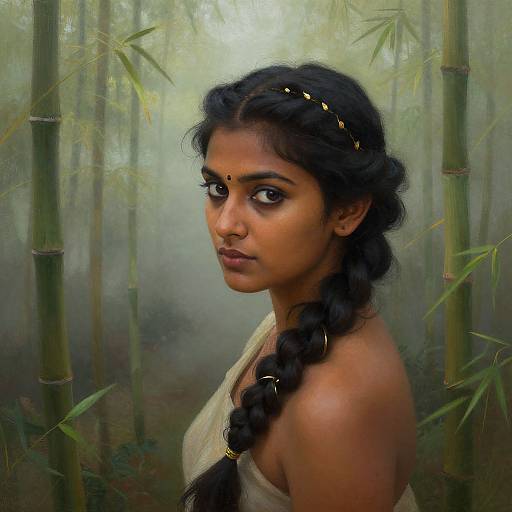 Digital painting of a young Indian woman with dark braided hair, adorned with gold, in a misty bamboo forest, wearing a simple off-white garment