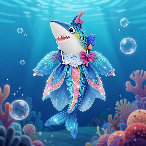 Colorful digital artwork of an animated, patterned fish with vibrant blue, pink, and purple scales, decorated with bows, swimming in a bright,