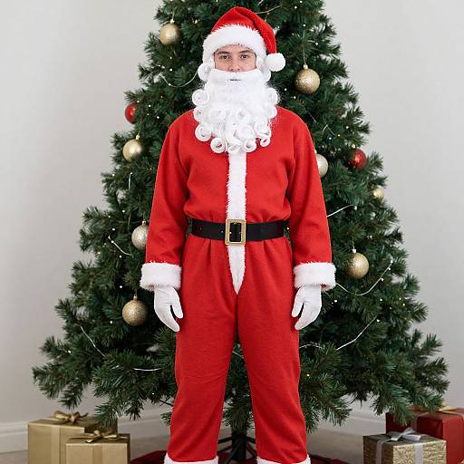 Photograph of a person dressed as Santa Claus with a white beard, red suit, black belt, and white gloves, standing in front of a decorated
