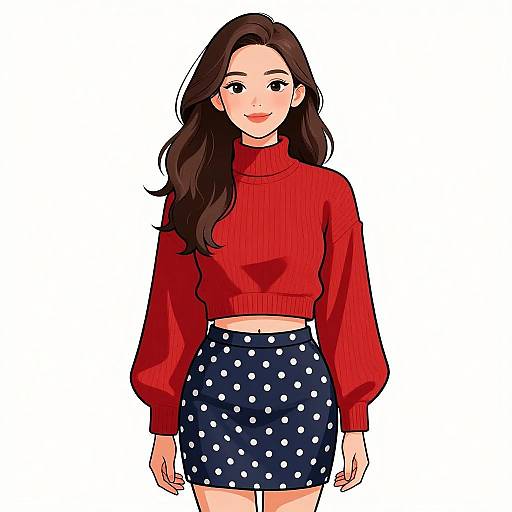 Smiling Woman in Red Sweater and Polka Dot Skirt