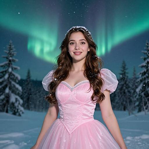 Photograph of a smiling young woman with long brown hair, wearing a pink, snowflake-adorned princess dress, standing in a snowy forest at