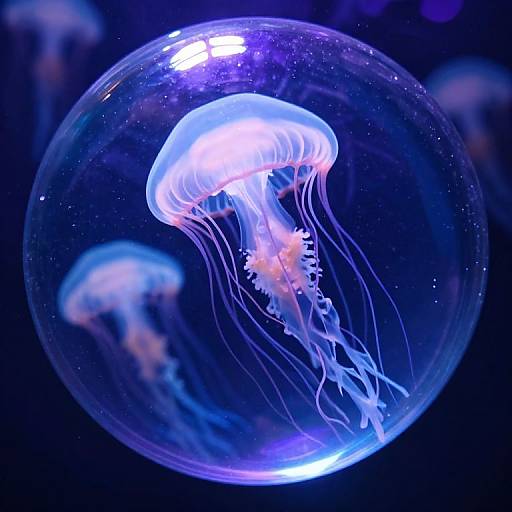Photograph of a glowing, translucent blue and white jellyfish enclosed in a clear glass bubble, floating against a dark blue background.
