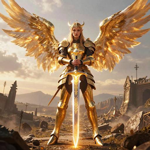 Digital artwork of a golden-winged, blonde female angel warrior in gleaming armor, holding a radiant sword, standing in a sunlit, ruined landscape