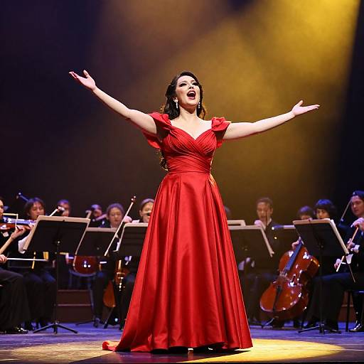 Photograph of a dark-haired woman in a red, V-neck, floor-length gown, passionately singing with arms outstretched, spotlighted on stage