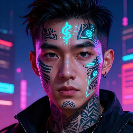 Photorealistic digital portrait of an Asian man with neon blue tribal face paint, black spiky hair, and tattoos, wearing a black hoodie, against